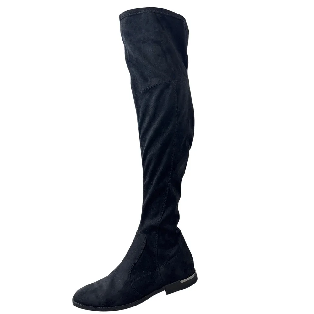 Marc Fisher Black Faux Suede Over The Knee Flat Boots Silver Heel Detail 8.5M